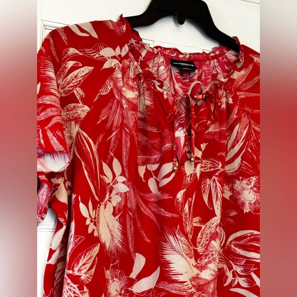 Liz Claiborne Red Floral Tie-Neck Blouse